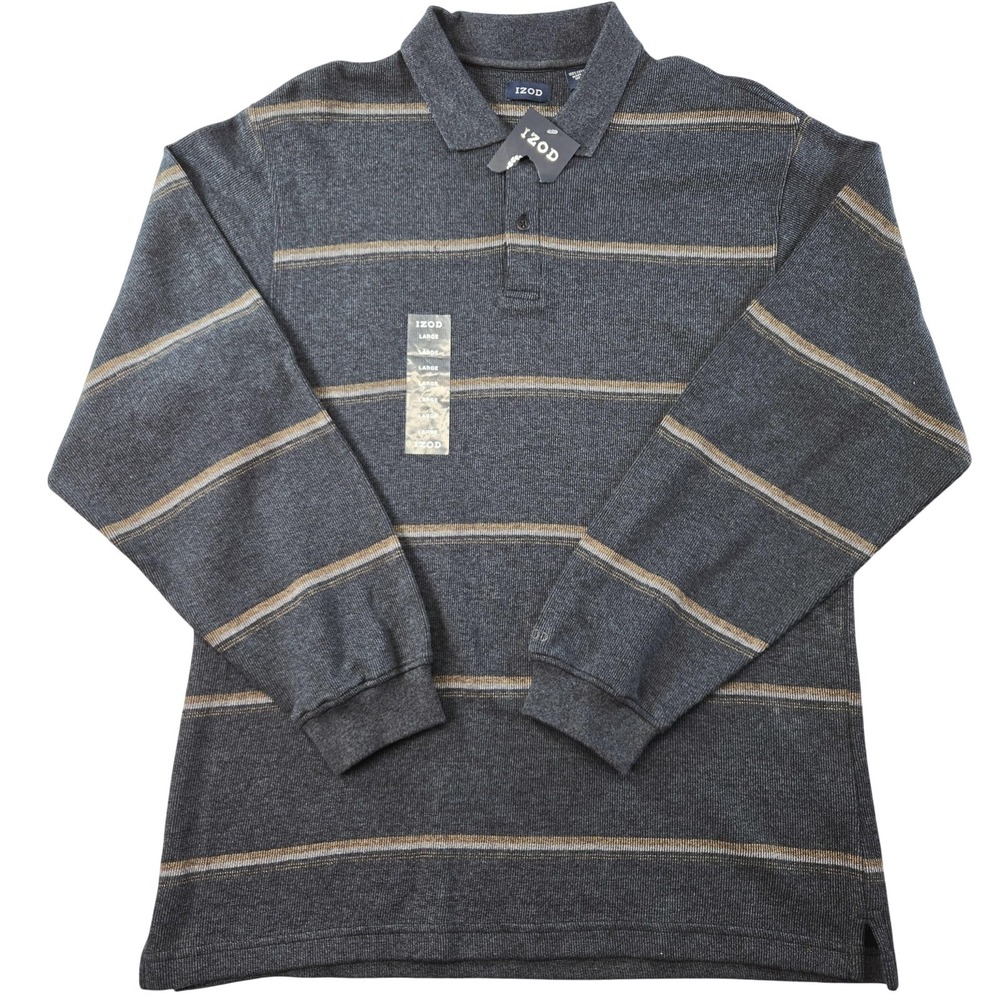 IZOD Polo Shirt Mens Large Gray Striped Long Sleeve Collared 100% Cotton
